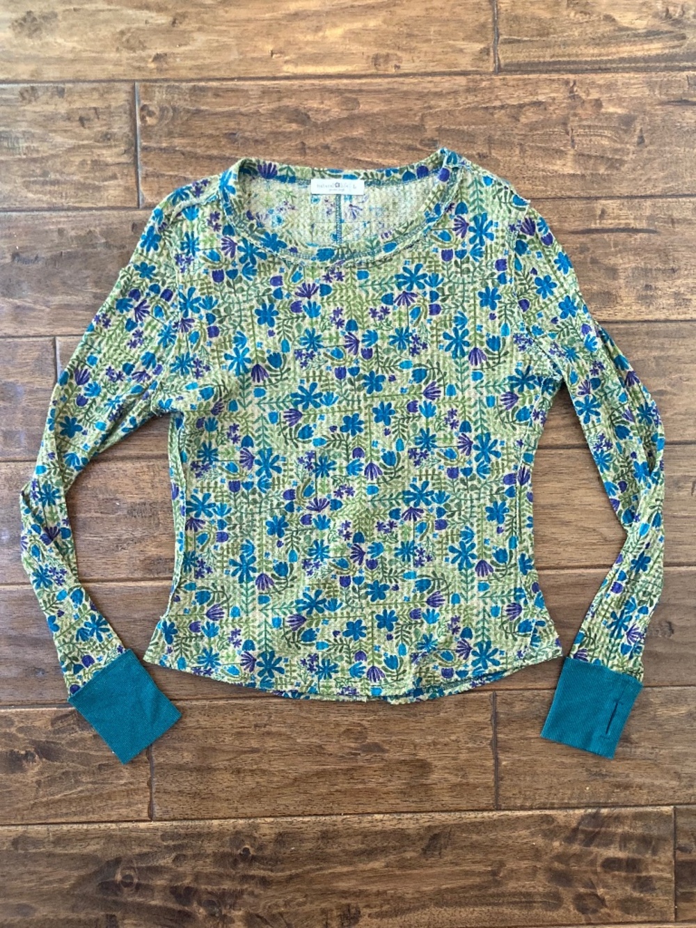 Natural Life Boho Floral Waffle Knit Thermal Long Sleeve Top Sz Large
